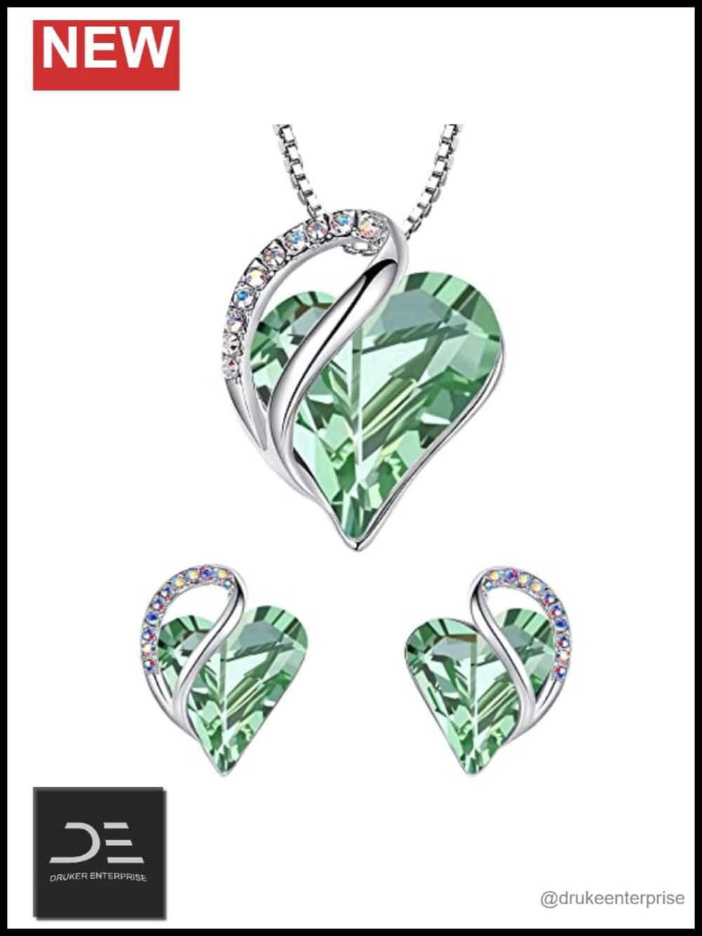 Woman Crystal Heart Necklace & Earrings Earring Set Gift for Women Silver Plated